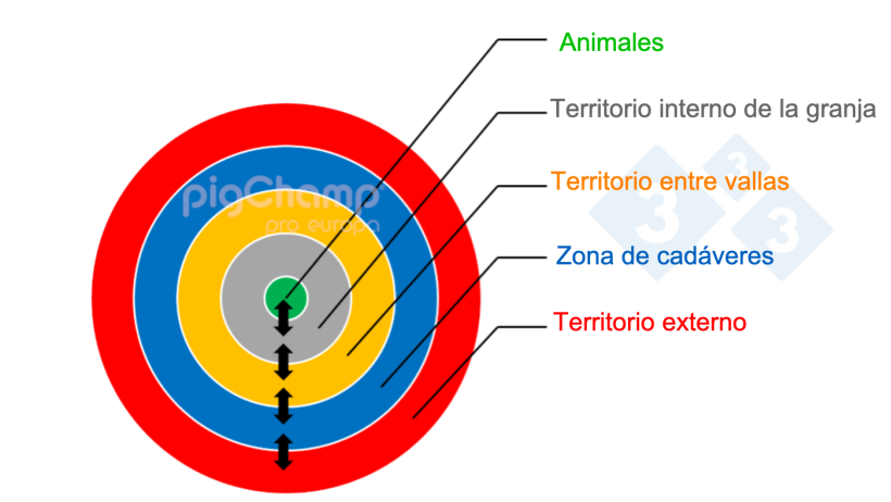 Imagen 1. Una representación esquemática de la ordenación de la bioseguridad de una granja en anillos. 